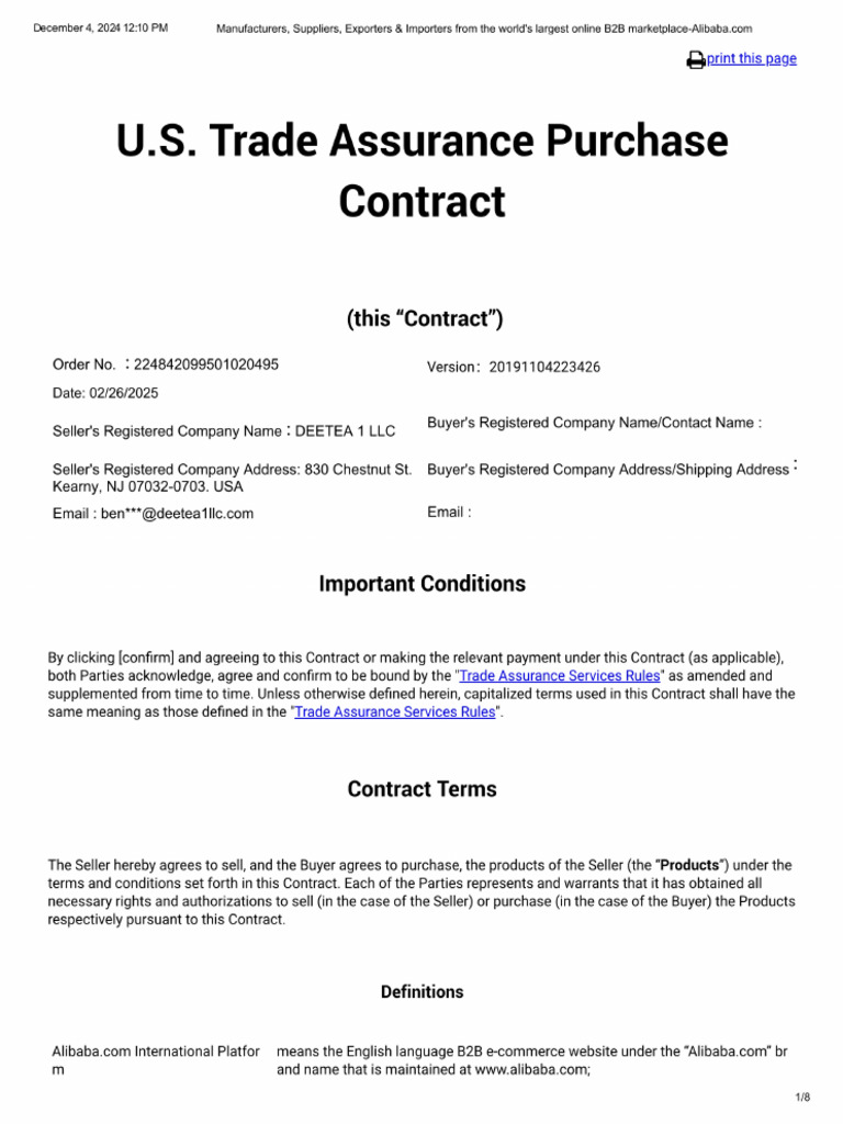 US. Trade Assurance Contract Scanned | PDF