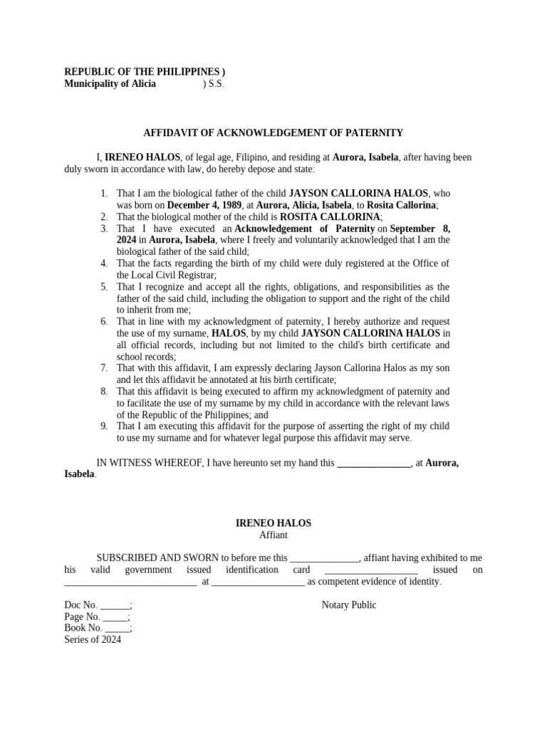 Affidavit for Father's Surname Use | PDF | Affidavit | Social Institutions