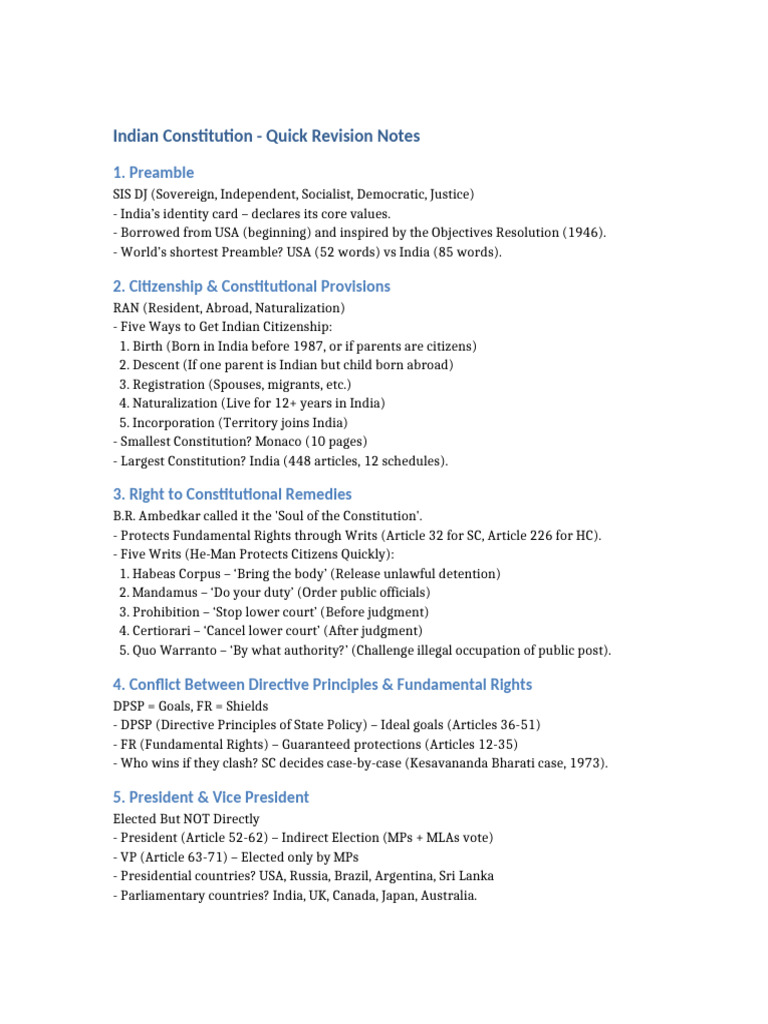 Indian Constitution Revision Notes Pdf Constitutional Law Government