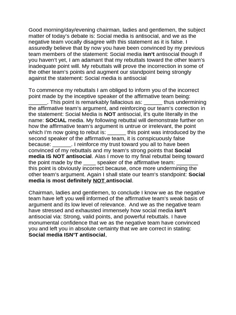 My Negative Debate Speech as 3rd Speaker | PDF