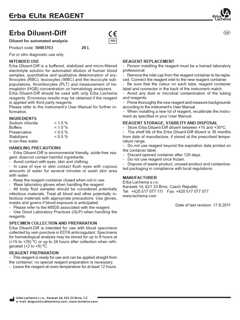 Erba Diluent-Diff for Hematology Analysis | PDF