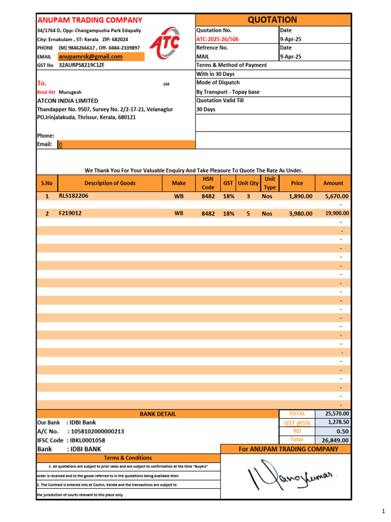 Quotation for Goods - Anupam Trading | PDF | Private Law | Business