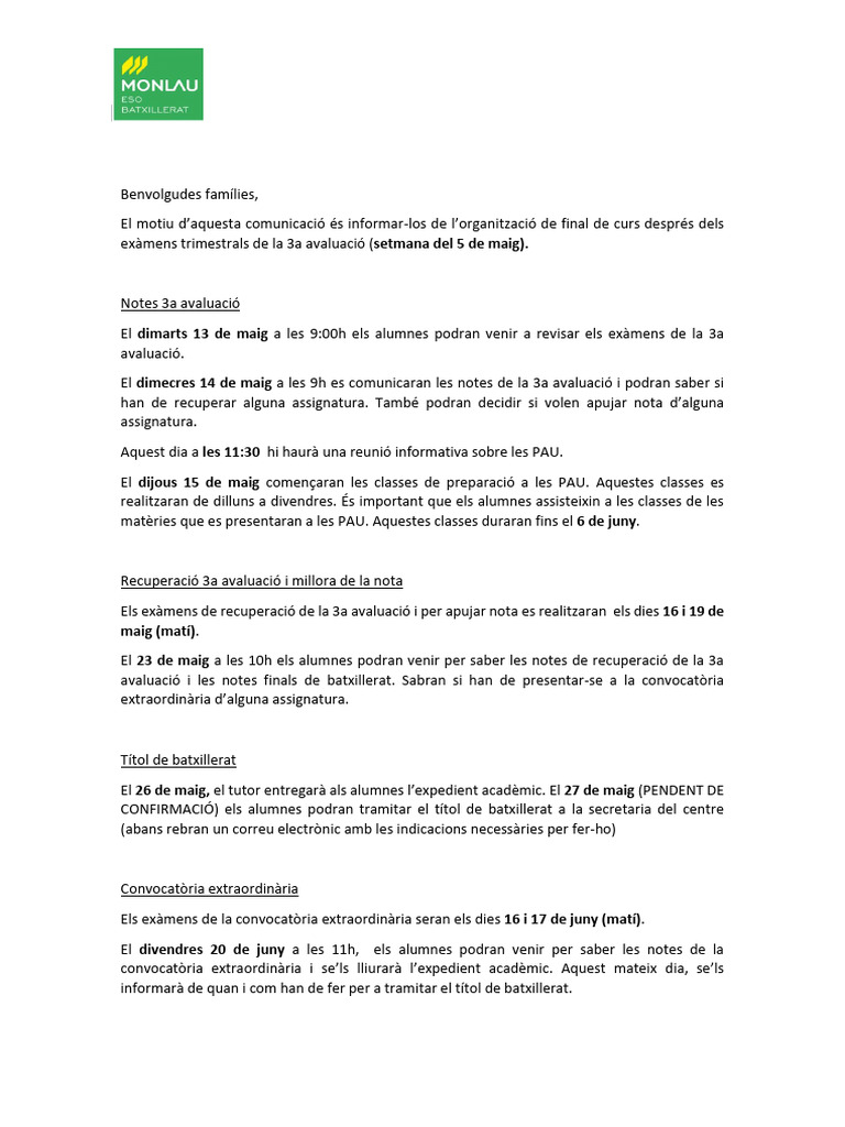 Organització Final de Curs 2n Batxillerat 2025 | PDF