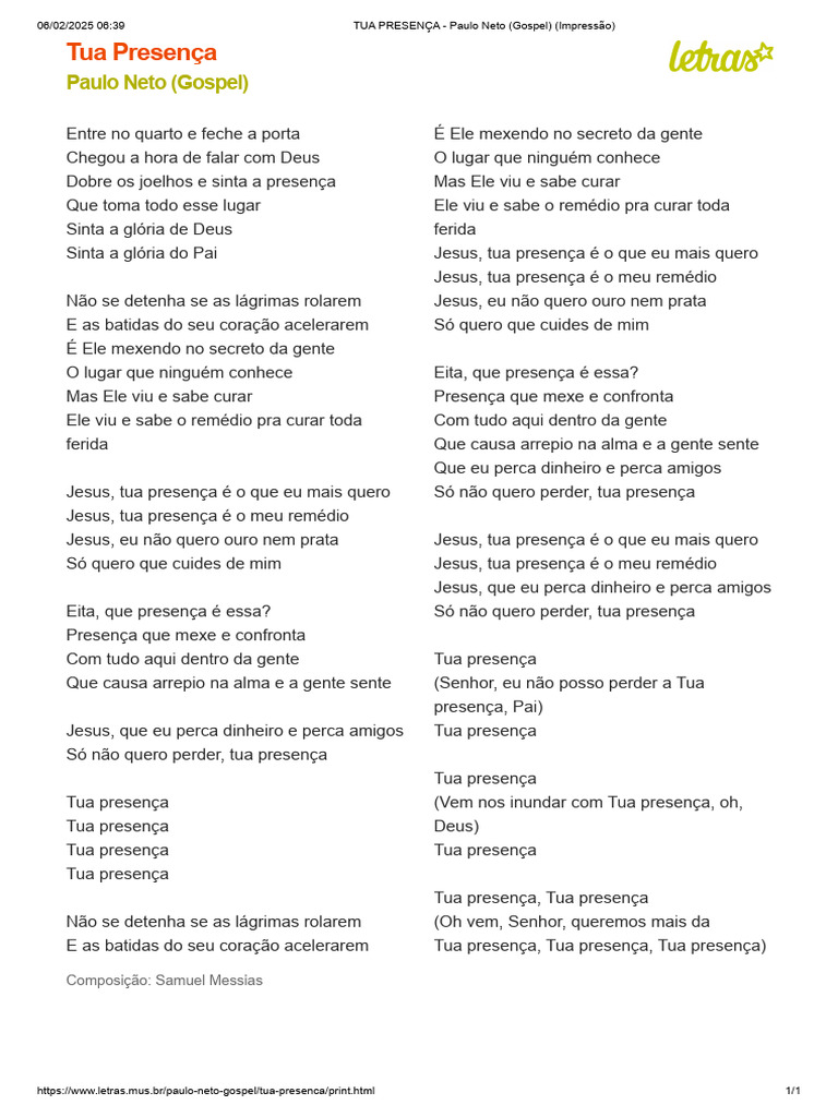 TUA PRESENÇA - Paulo Neto (Gospel) (Impressão) | PDF | Jesus