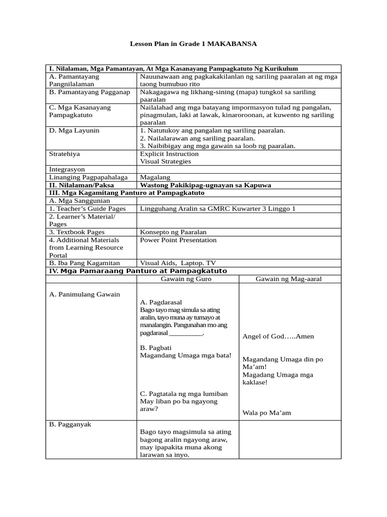 Lesson Plan in Grade 1 MAKABANSA | PDF