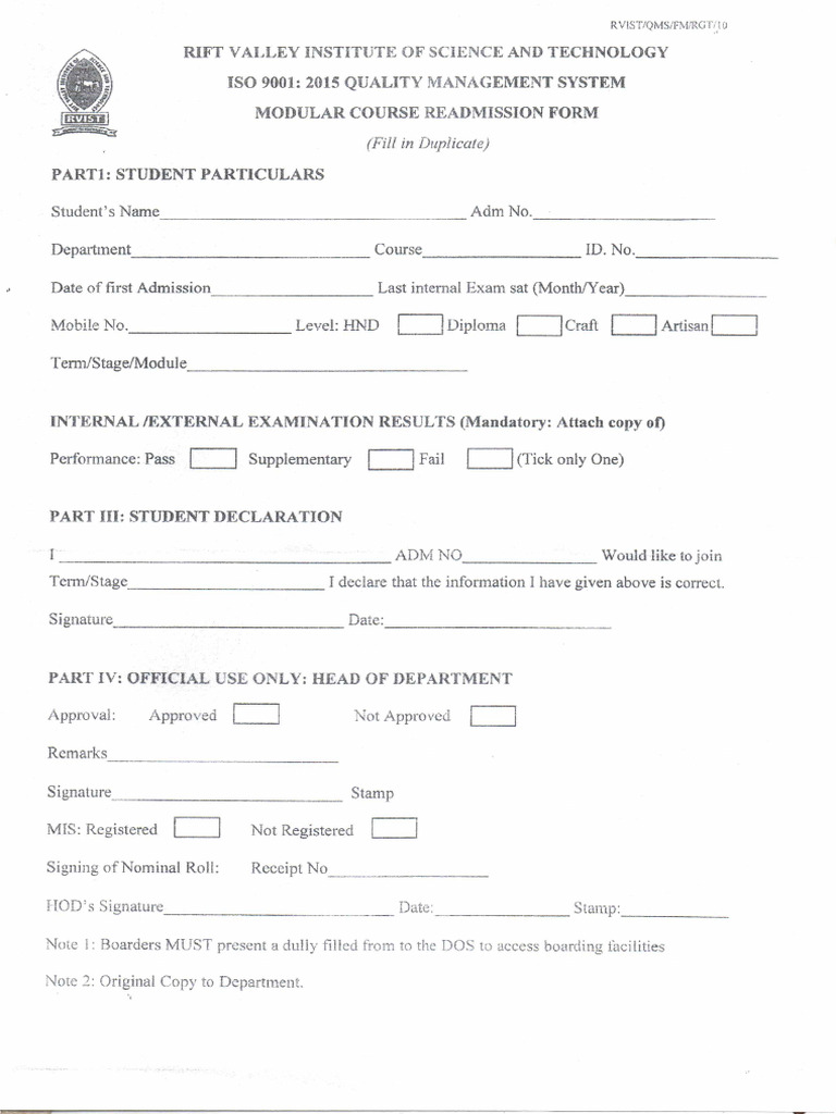 Rvist Course Re-Admission Form | PDF