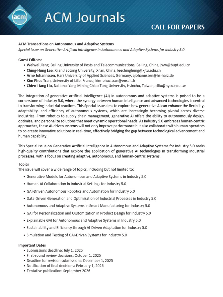 ACM TAAS CFP Generative AI Autonomous Adaptive Systems Industry | PDF ...