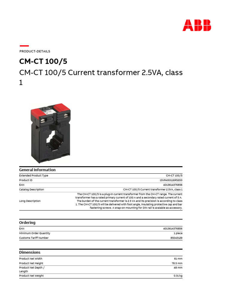CM-CT 100/5 Current Transformer Specs | PDF | Transformer | Electrical ...