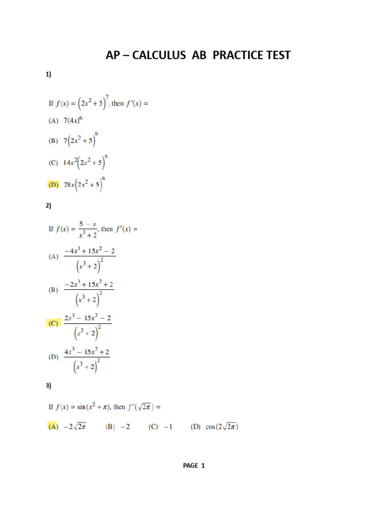 AP Calculus AB Practice Test | PDF
