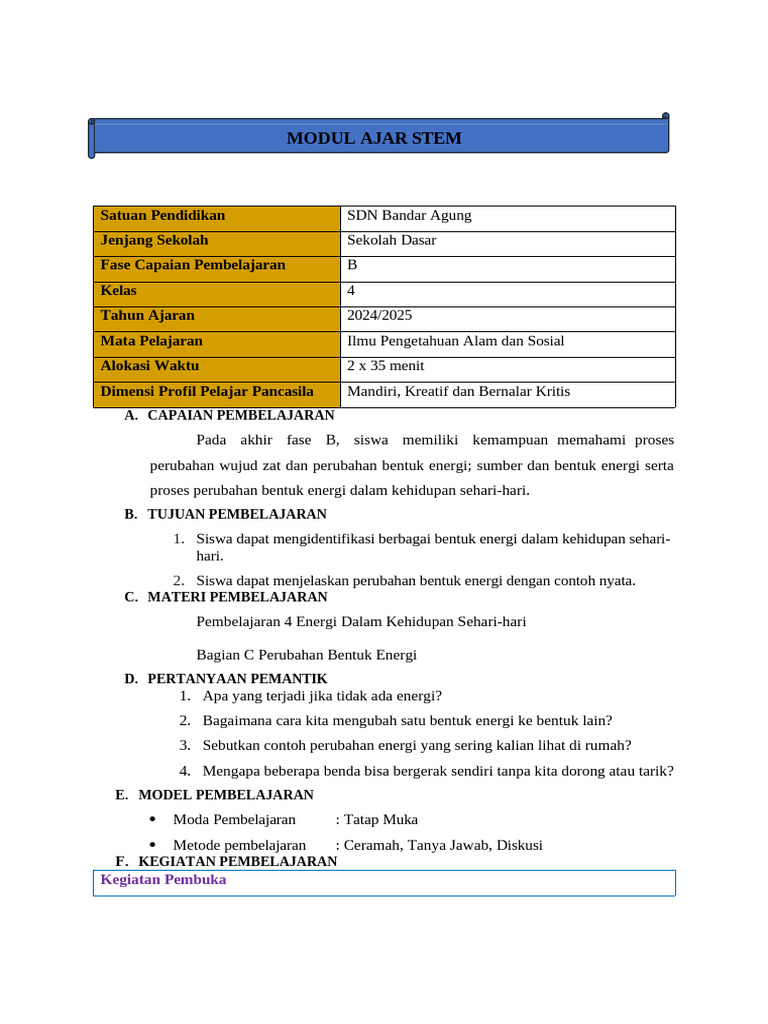 Modul Ajar STEM Kelas 4: Energi | PDF