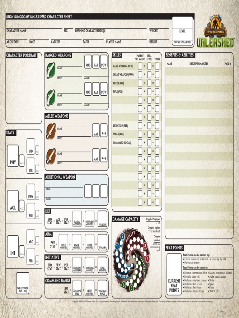 Iron Kingdoms Unleashed - Character Sheet | PDF | Role Playing Games