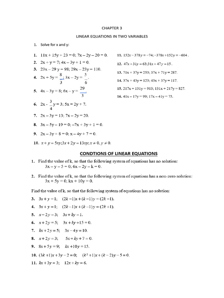 Chapter 3 Linear Equations In Two Variables Pdf Cartesian