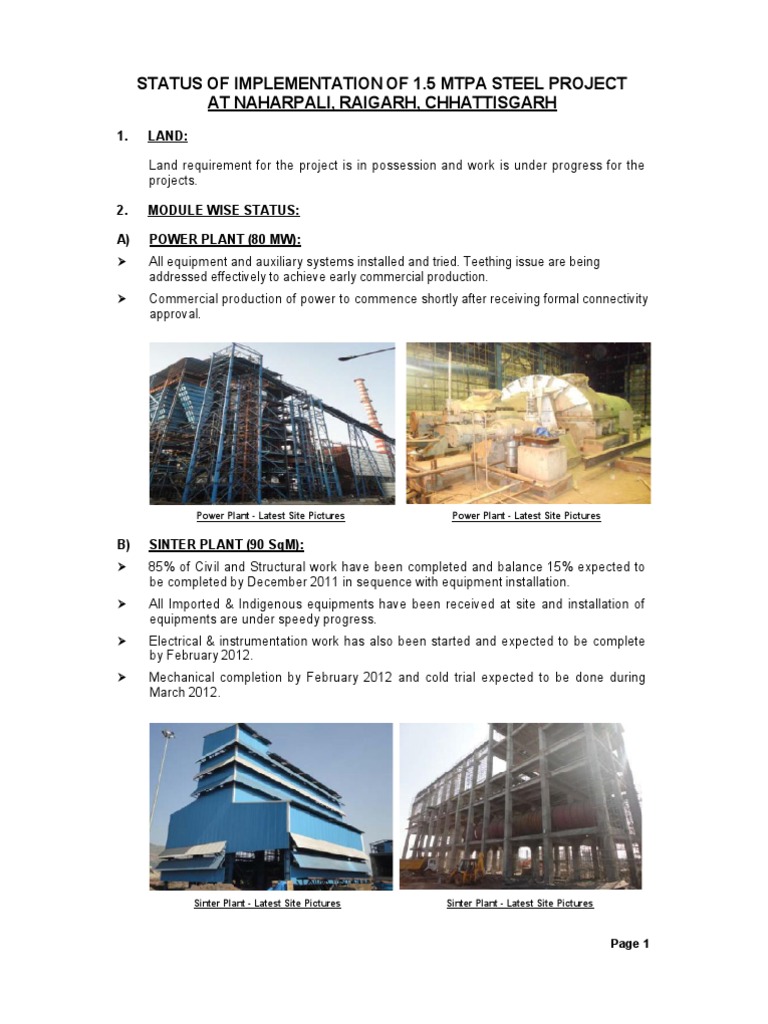 Status of 1.5 MTPA Steel Project | PDF | Engineering | Economic Sectors