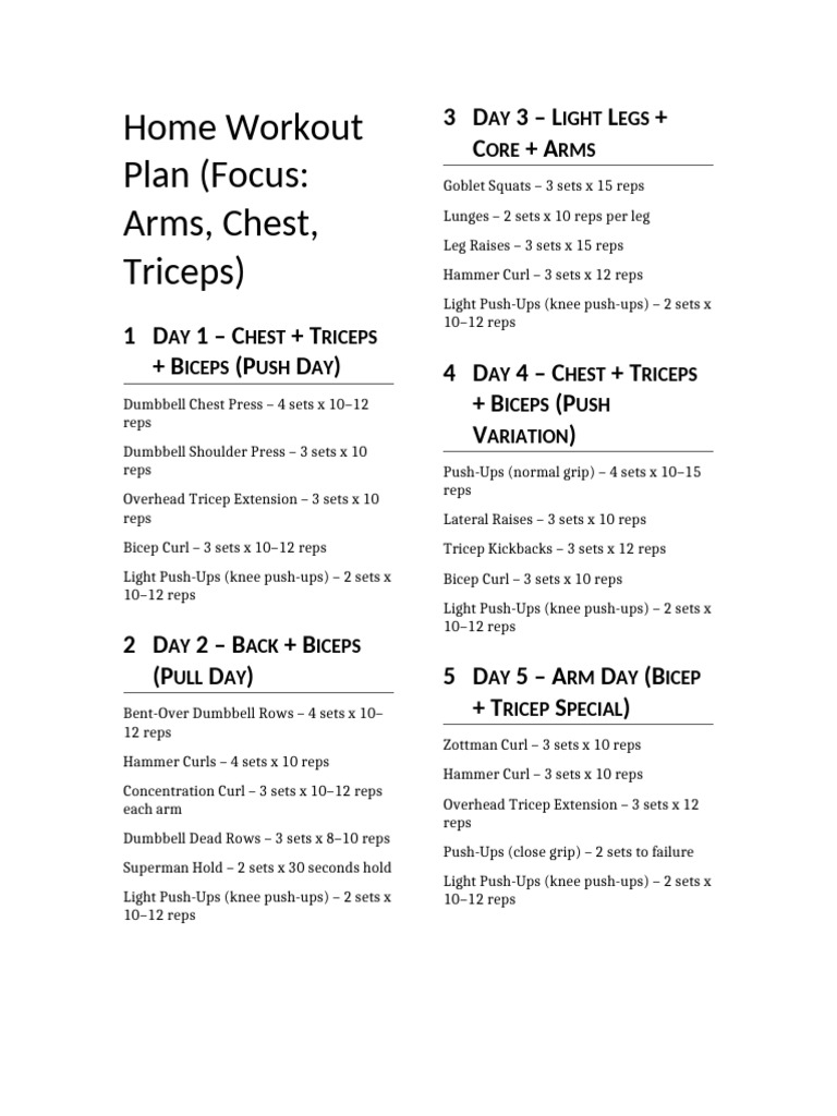 Home Workout Plan: Arms & Chest Focus | PDF