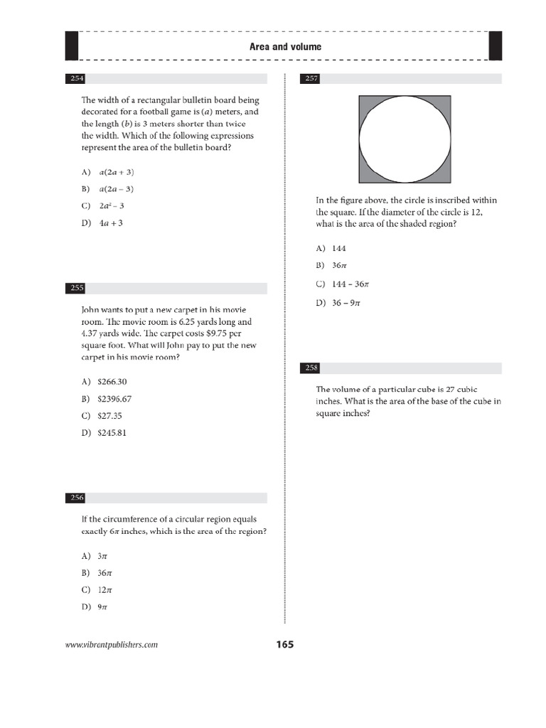 Area and Volume SAT Practice Questions | PDF | Area | Foot (Unit)