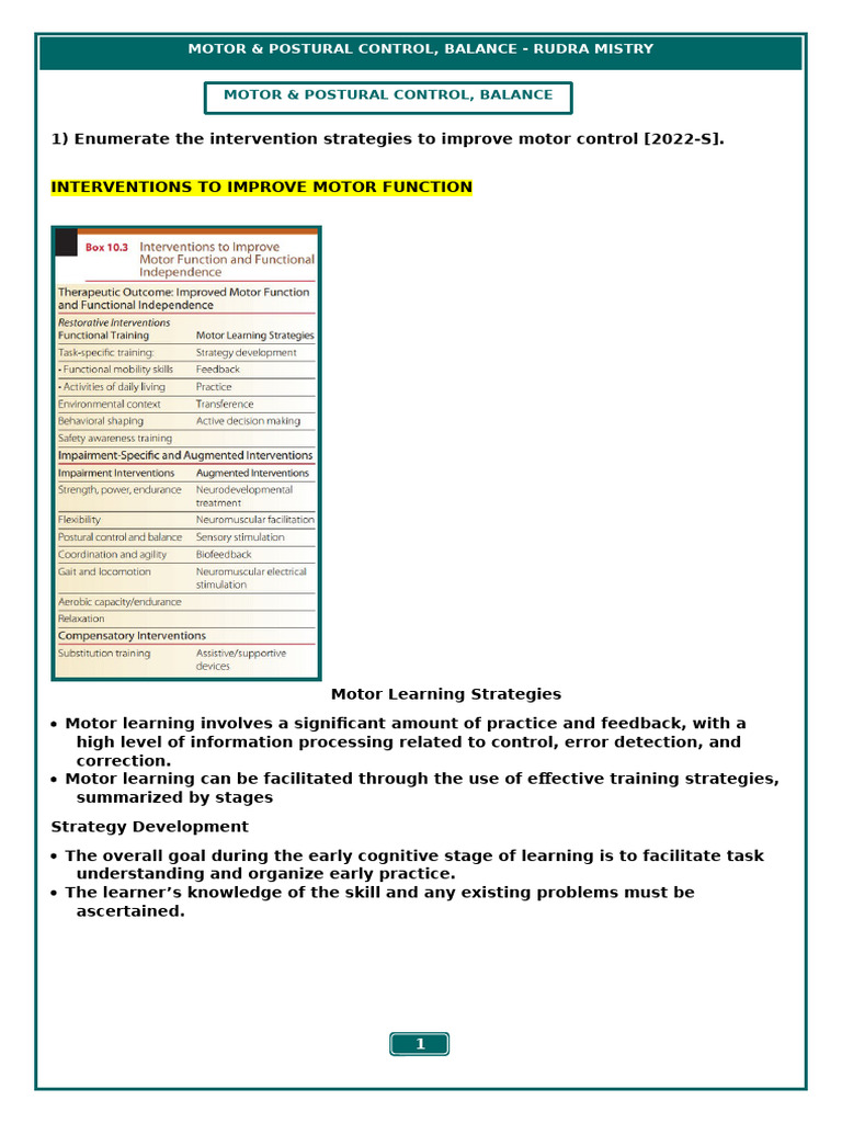 Motor and Postural Control Balance | PDF