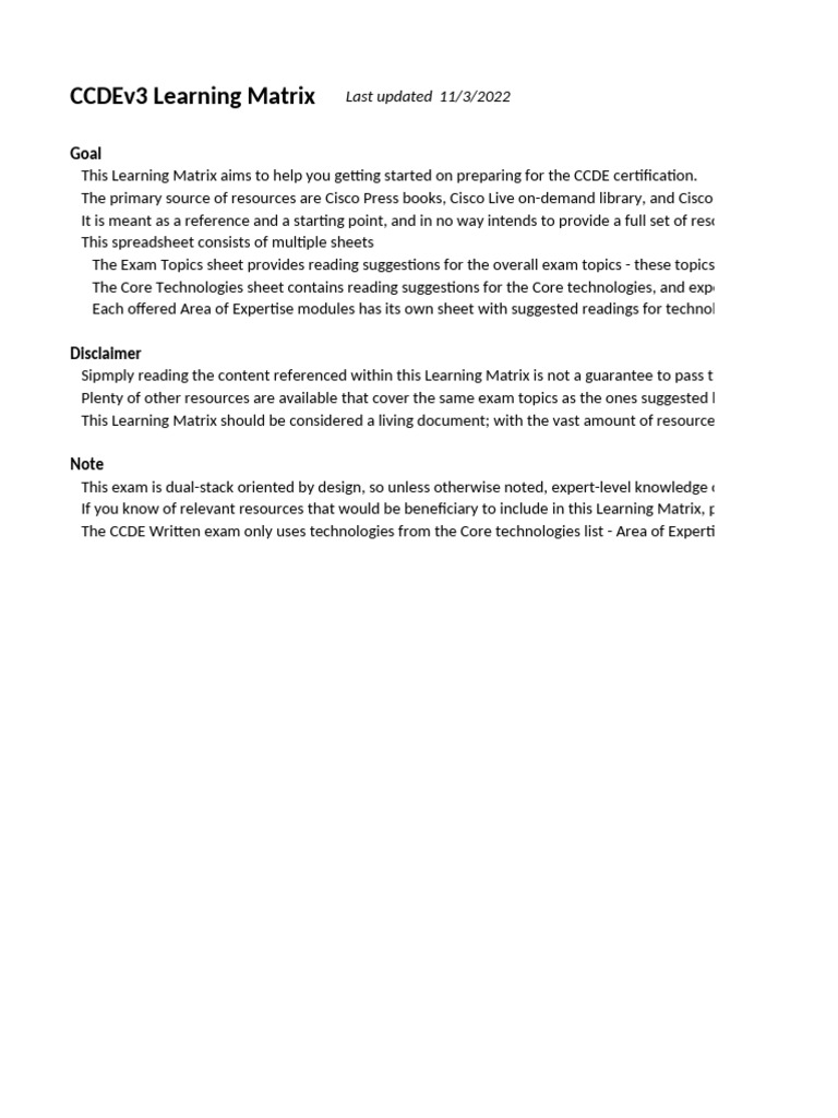 CCDEv3 Learning Matrix+ | PDF | Computer Network | Networking