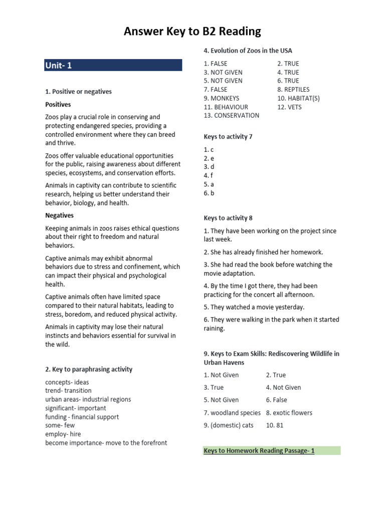 B2 Reading Answer Key Overview | PDF | Adjective | Verb