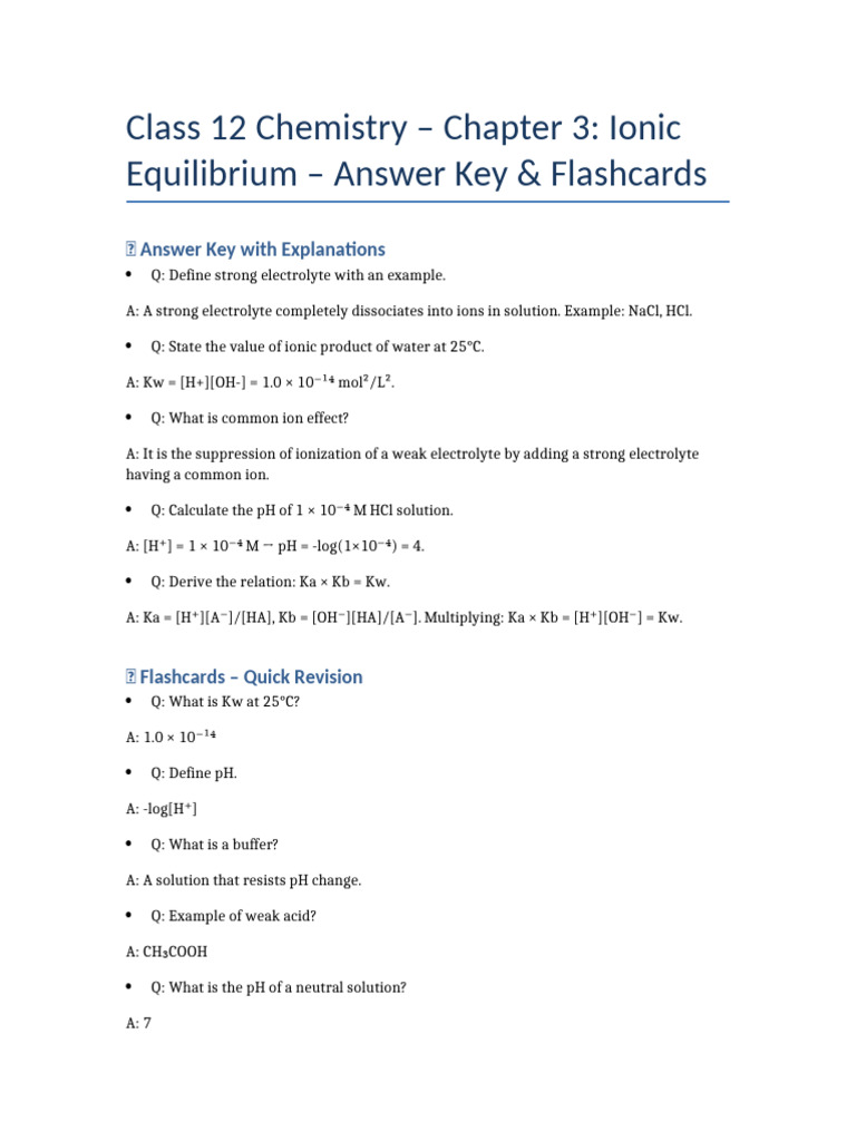 Ionic Equilibrium: Answer Key & Flashcards | PDF