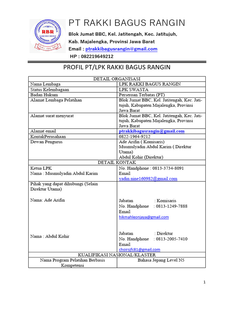 Profil LPK Rakki Bagus Rangin Majalengka | PDF