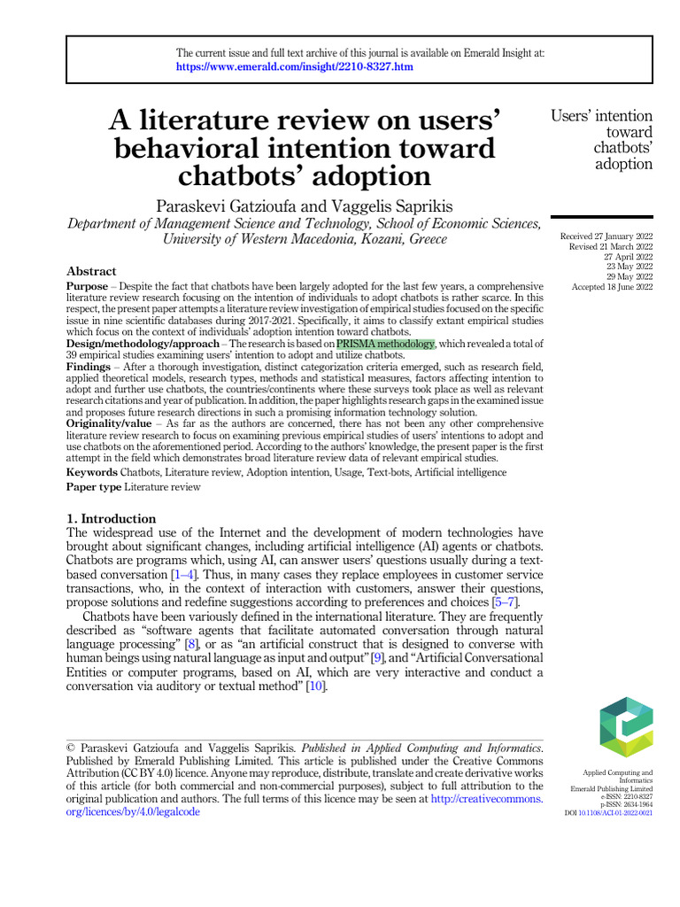 A Literature Review On Users' Behavioral Intention Toward Chatbots ...