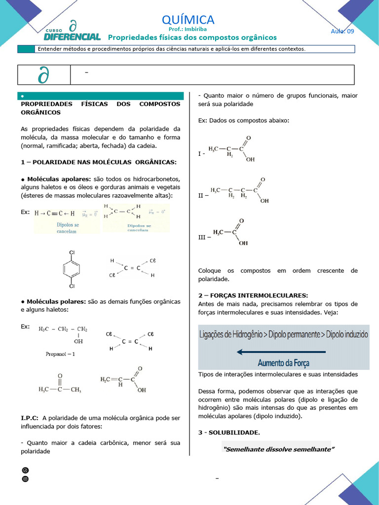 Propriedades Físicas dos Compostos Orgânicos | PDF | Polaridade química ...