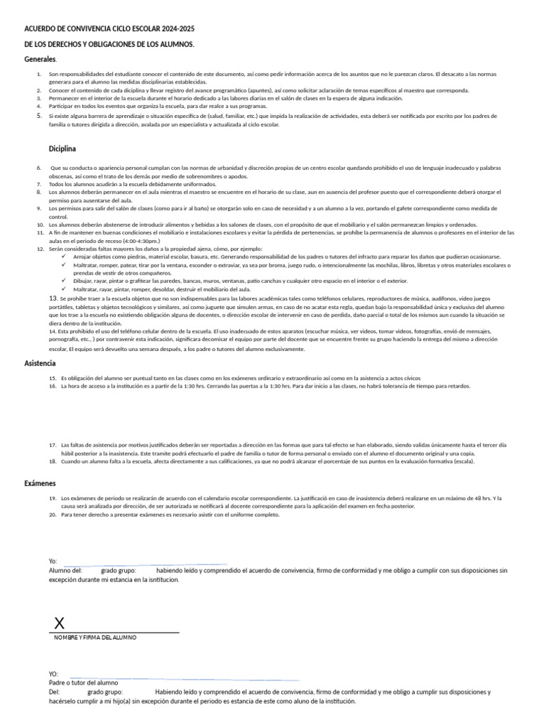 Acuerdo de Convivencia Escolar 2024-2025 | PDF | Escuelas | Salón de clases
