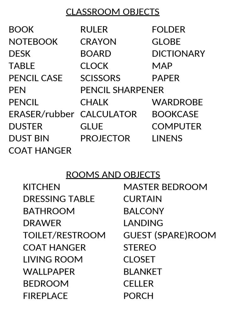 Essential Classroom Objects List | PDF