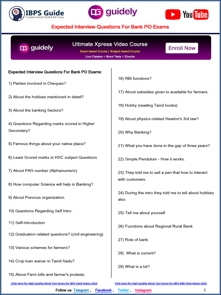 Expected Interview Questions For Bank PO Exams | PDF | Banks | Agriculture
