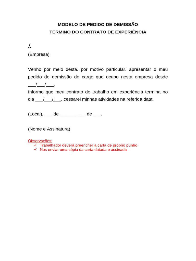 Pedido de Demissão - Contrato de Experiência | PDF