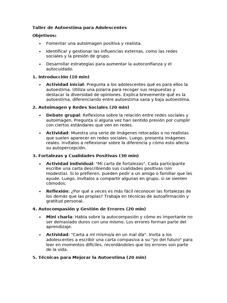 Taller de Autoestima para Adolescentes | PDF | Las emociones | Autoestima