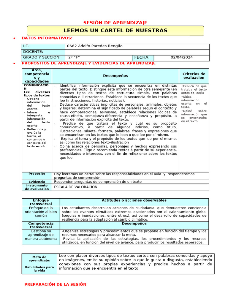 U1 S4 Sesion D1 Com Leemos Responsabilidades | PDF | Aprendizaje ...