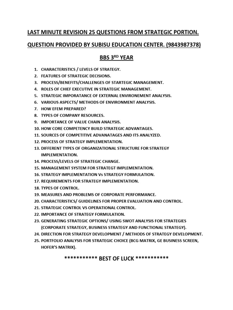 Last Minute Revision 25 Questions From Strategic Portion | PDF