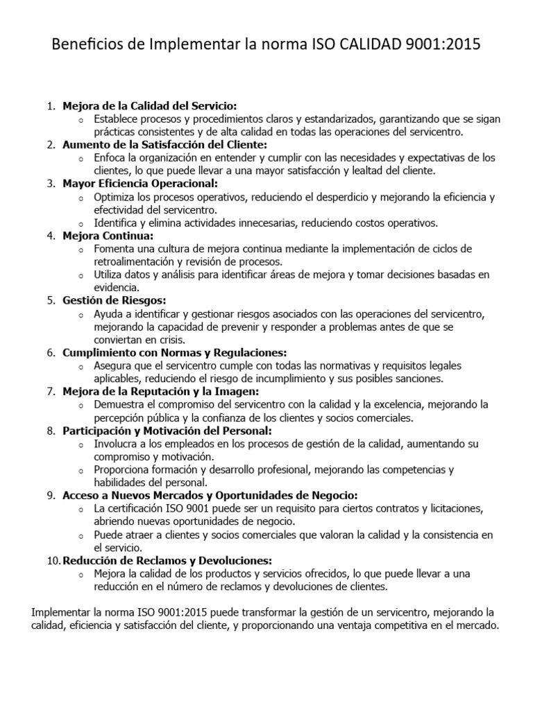 Beneficios de Implementar ISO 9001:2015 | PDF | Calidad (comercial ...
