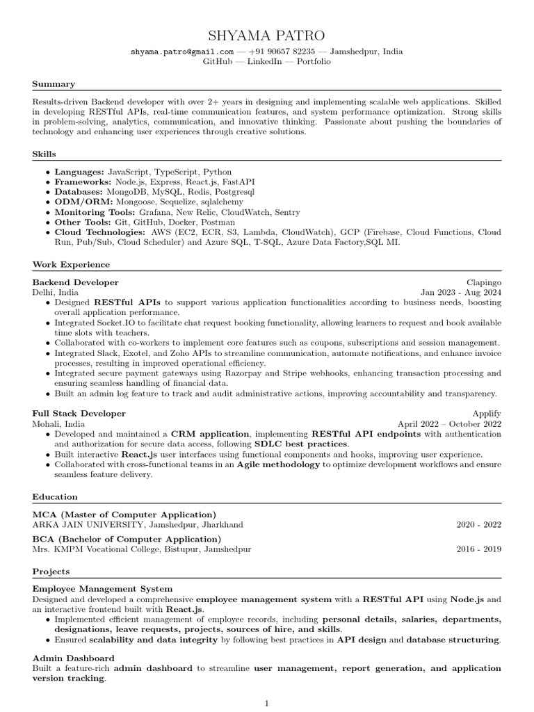 Backend Developer Resume - Shyama Patro | PDF | Cloud Computing ...