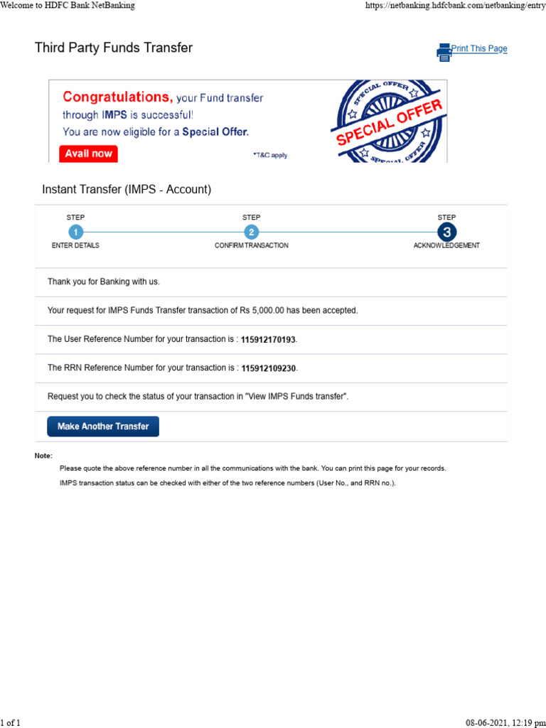 IMPS Funds Transfer Confirmation | PDF