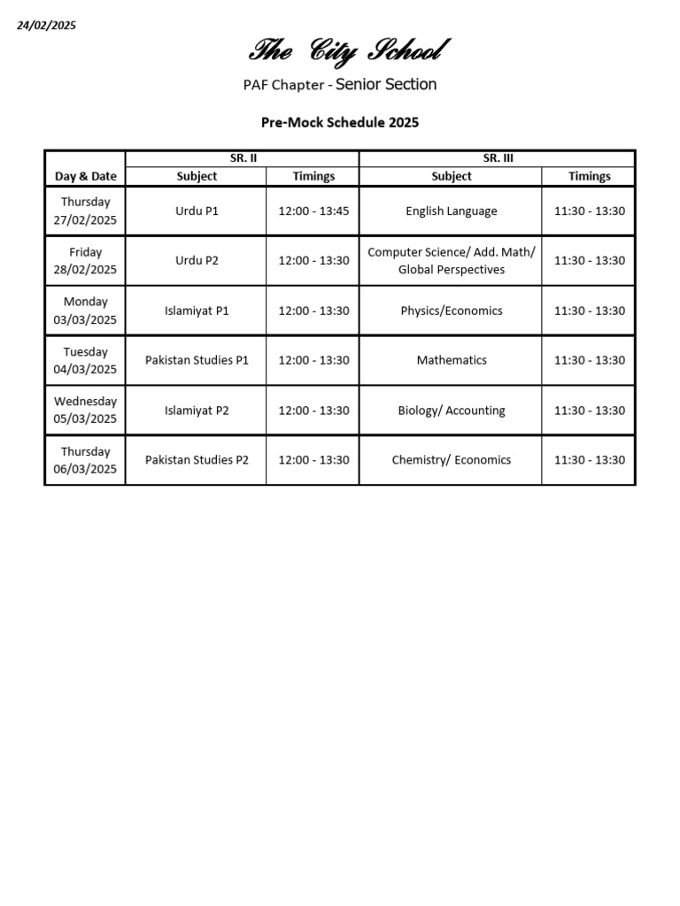 Pre-Mock Exam Schedule 2025 | PDF