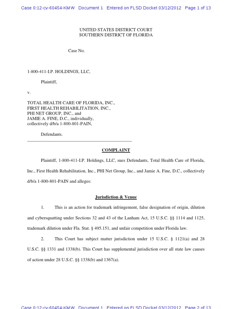 1 800 411 Pain Complaint Trademark Dilution Lanham Act