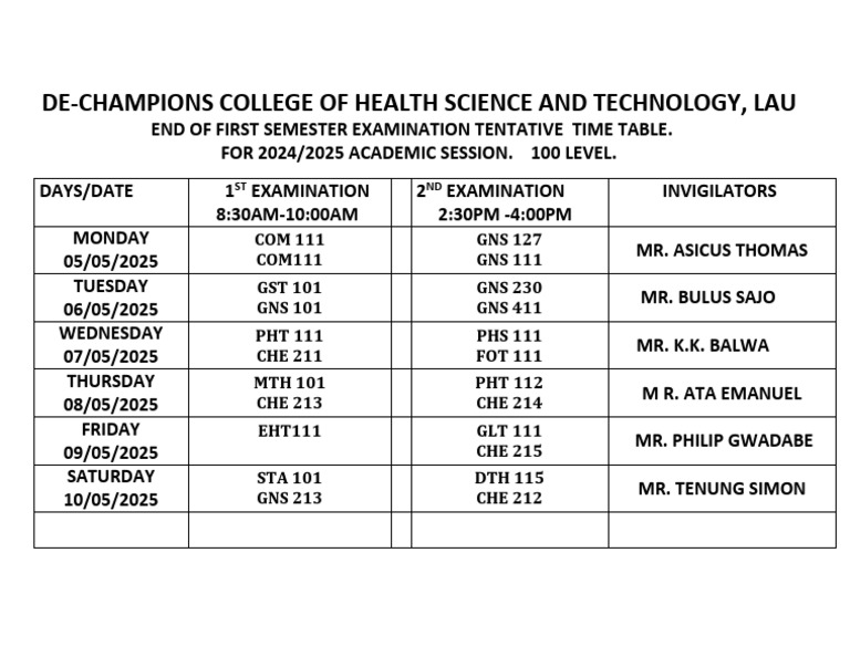 2024/2025 Exam Timetable for 100 Level | PDF