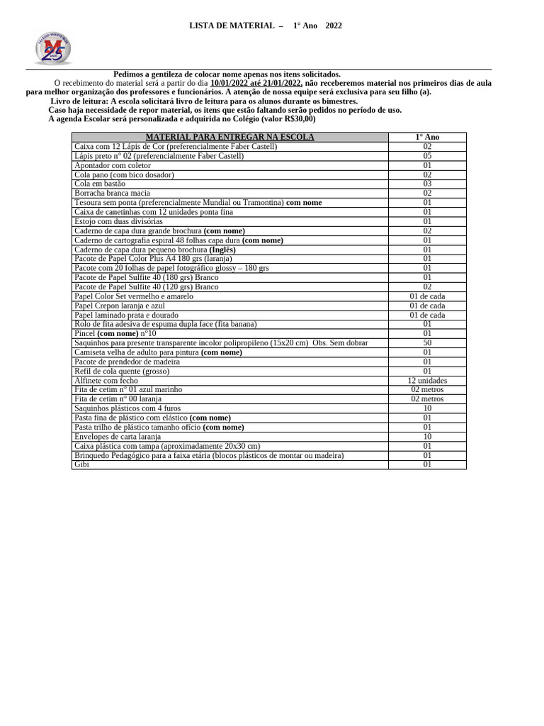Lista de Material Escolar 1° Ano 2022 | PDF