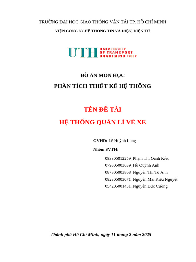 Nhóm 1 - Hệ thống quản lí vé xe - 010112100807 | PDF