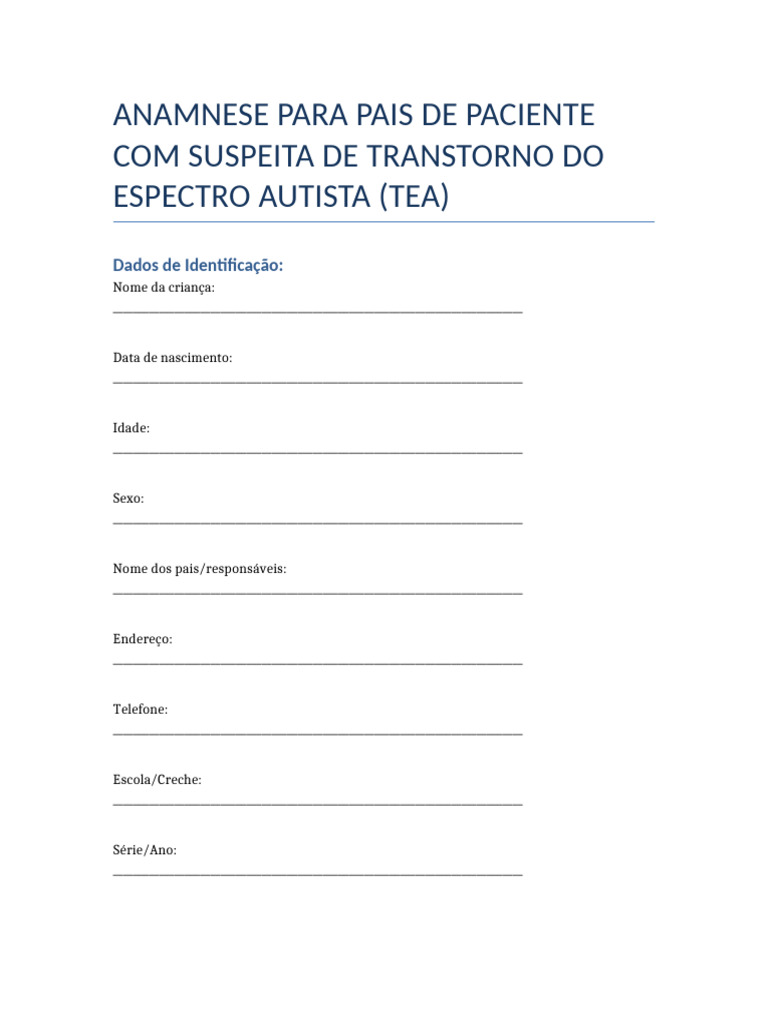 Anamnese para Suspeita de TEA | PDF | Autismo | Conceitos psicológicos