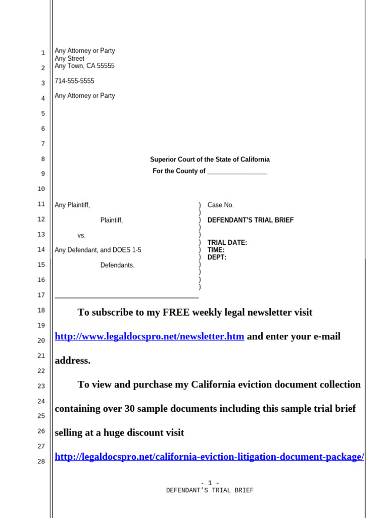 California Defendant's Trial Brief Template | PDF | Affirmative Defense ...