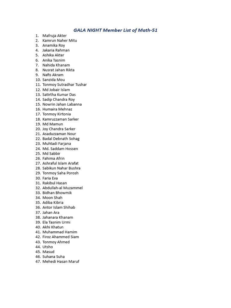 GALA NIGHT Member List of Math | PDF