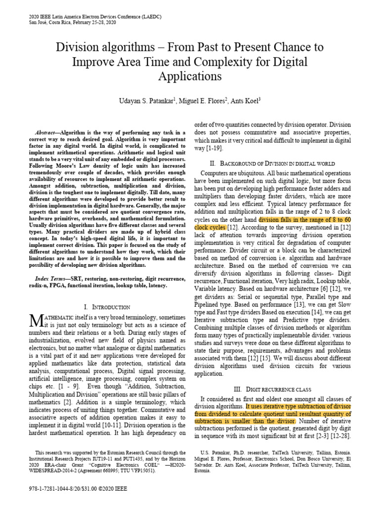 Division Algorithms - From Past To Present Chance To Improve Area Time ...