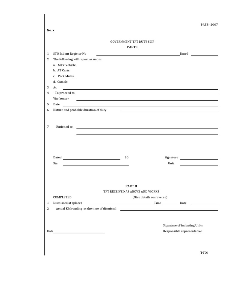 Government Transport Duty Slip Format | PDF