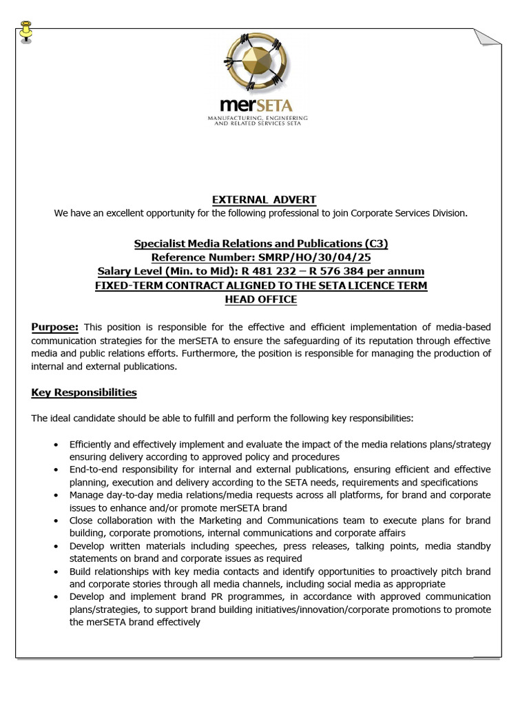 Media Relations Specialist Position at merSETA | PDF | Public Relations ...