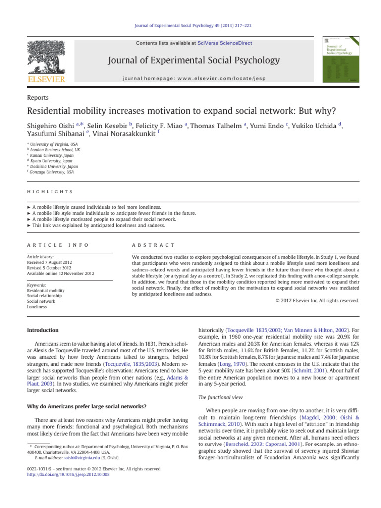 Impact of Mobility on Social Networks | PDF | Loneliness | Analysis Of ...