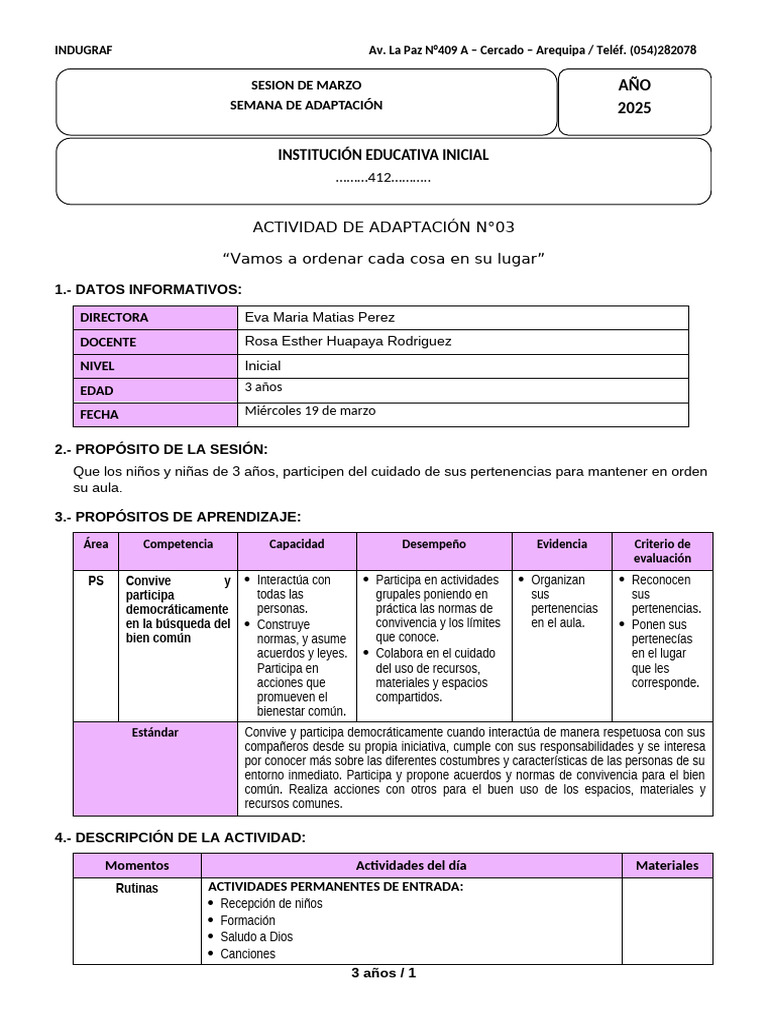 Actividad de Orden en Aula Inicial | PDF | Salón de clases | Aprendizaje
