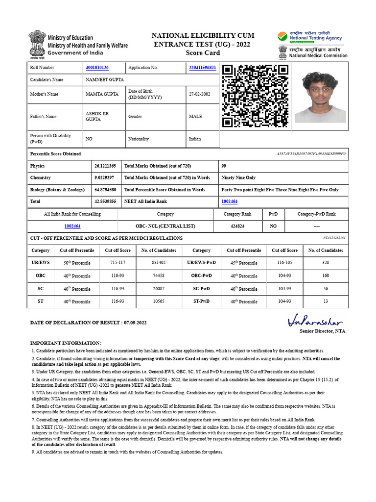 NEET UG 2022 Score Card for Namneet Gupta | PDF | Tests | Qualifications